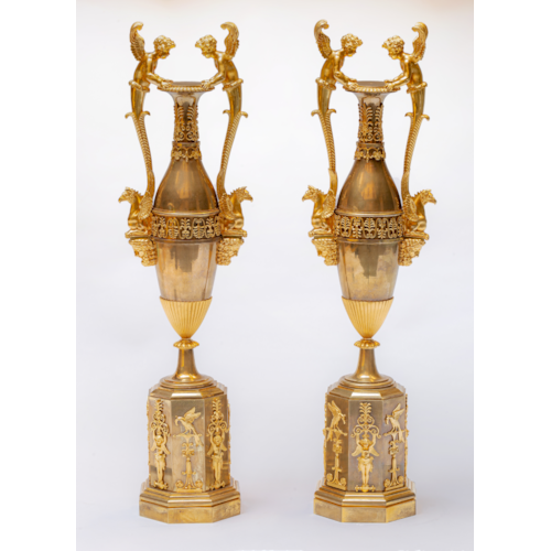 A fine pair of Empire ormolu and patinaed bronze vases "aux amours"